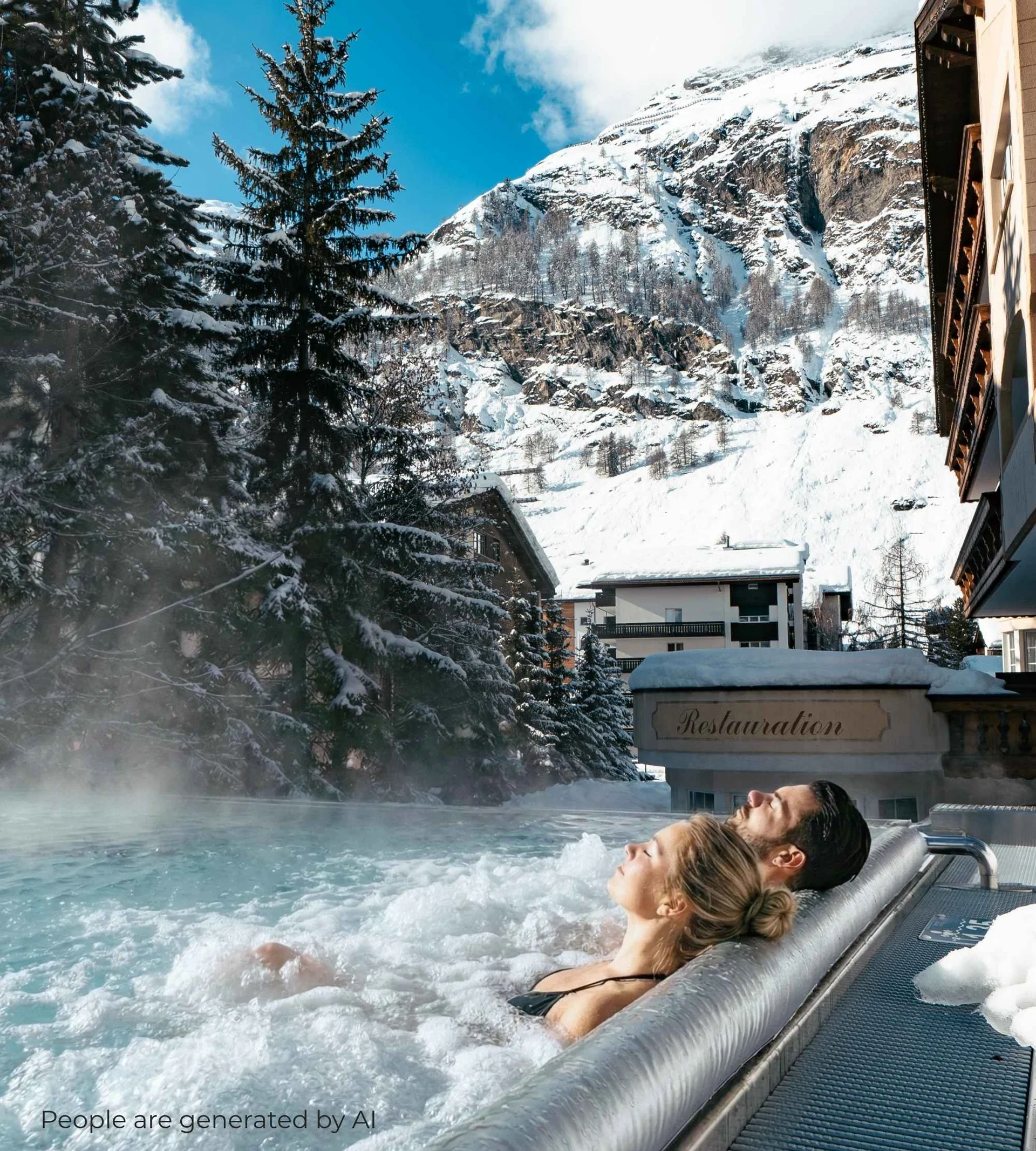 Vacances avec enfants à Zermatt - Resort La Ginabelle Zermatt Des personnes dans la piscine à débordement avec jets de massage et vue sur les montagnes enneigées en hiver.