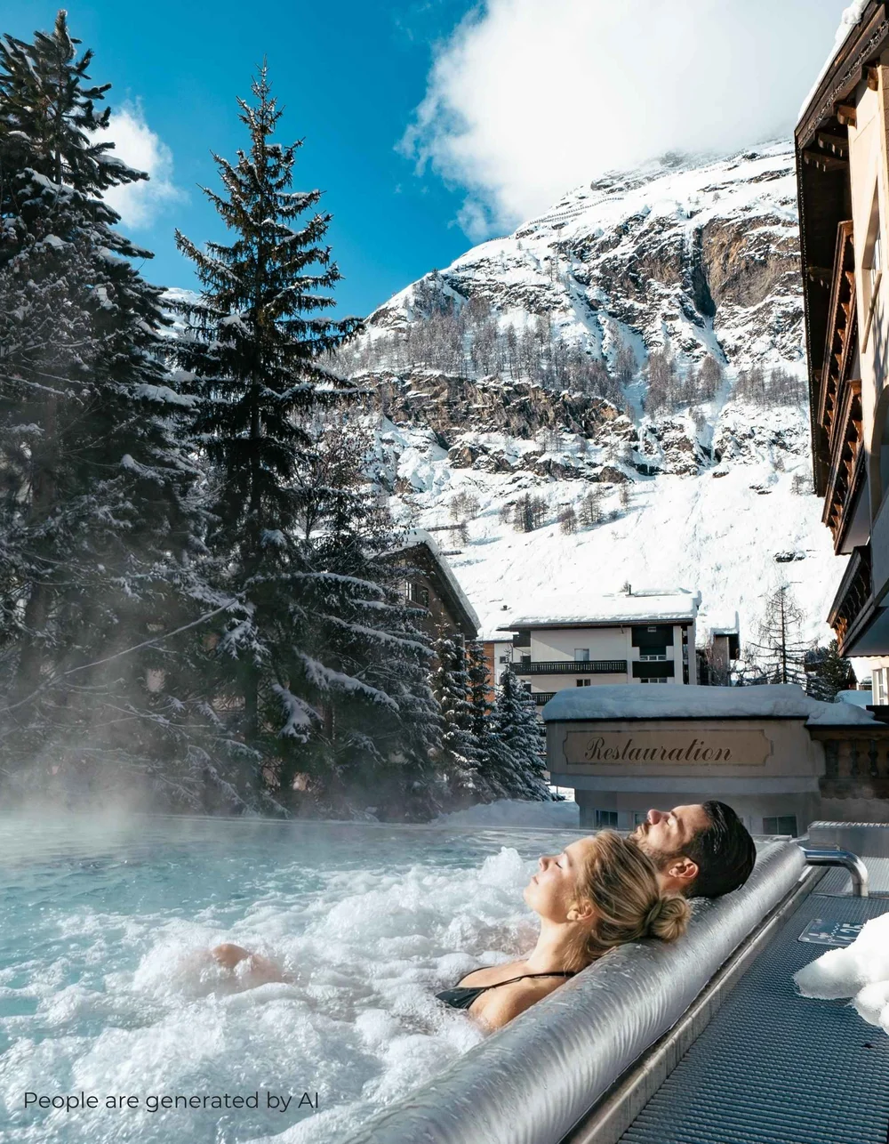 Menschen im Infinitypool mit Massagedüsen und Aussicht auf die verschneiten Berge im Winter.