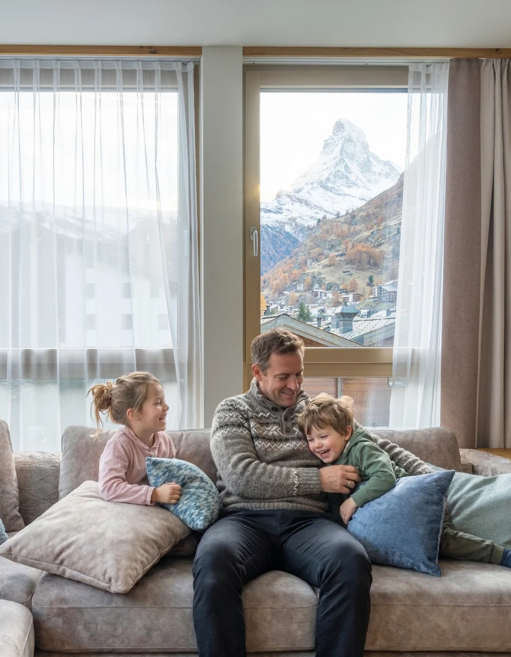 Vater spielt mit Kindern auf dem Sofa, im Hintergrund das Matterhorn.