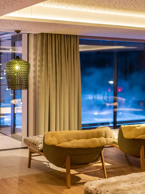 Quiet room with atmospheric lighting at night.