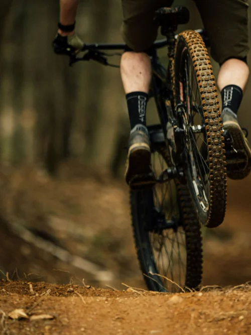 Aktivurlaub in den Bergen - Resort La Ginabelle Zermatt Mountainbiker springt auf unbefestigtem Waldweg
