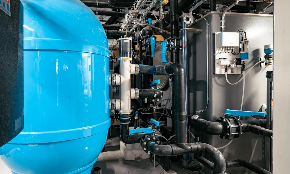 Our energy - Resort La Ginabelle Zermatt Water treatment plant for infinity pool in a technical room.