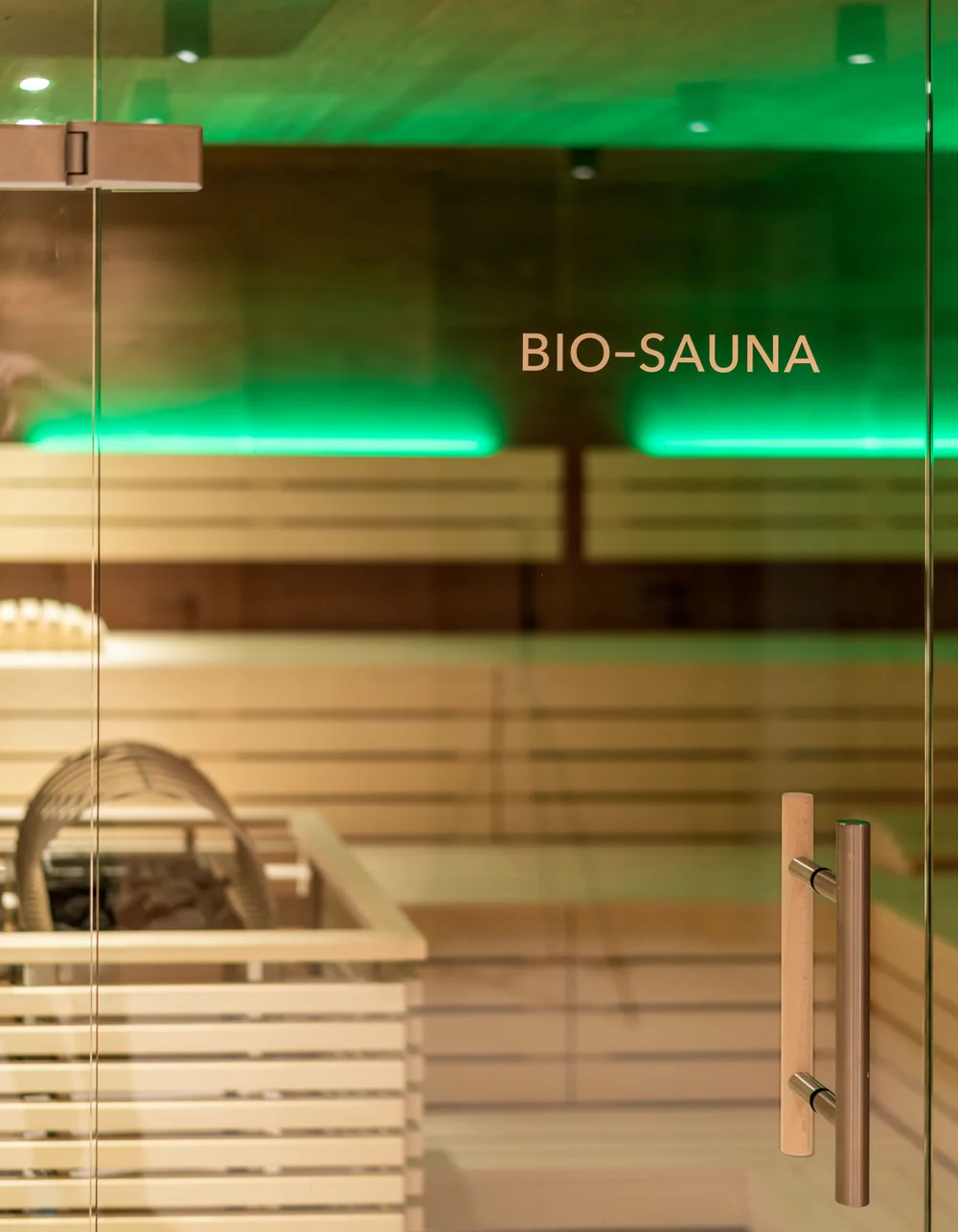 Entrance to the bio sauna with indirect lighting and stove clad in wood.
