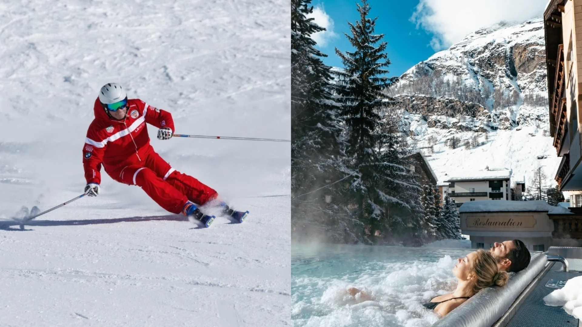 Einzelzimmer "Alphubel" Mann am Skifahren und ein Paar im Aussenpool am entspannen.