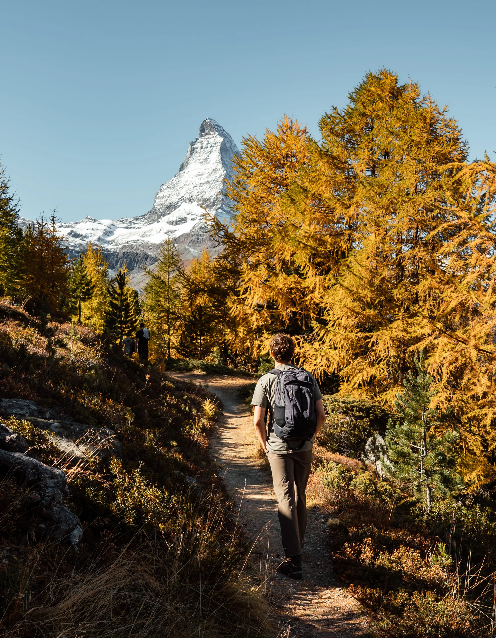 Wanderer auf Pfad mit herbstlichen Bäumen und schneebedecktem Berg im Hintergrund